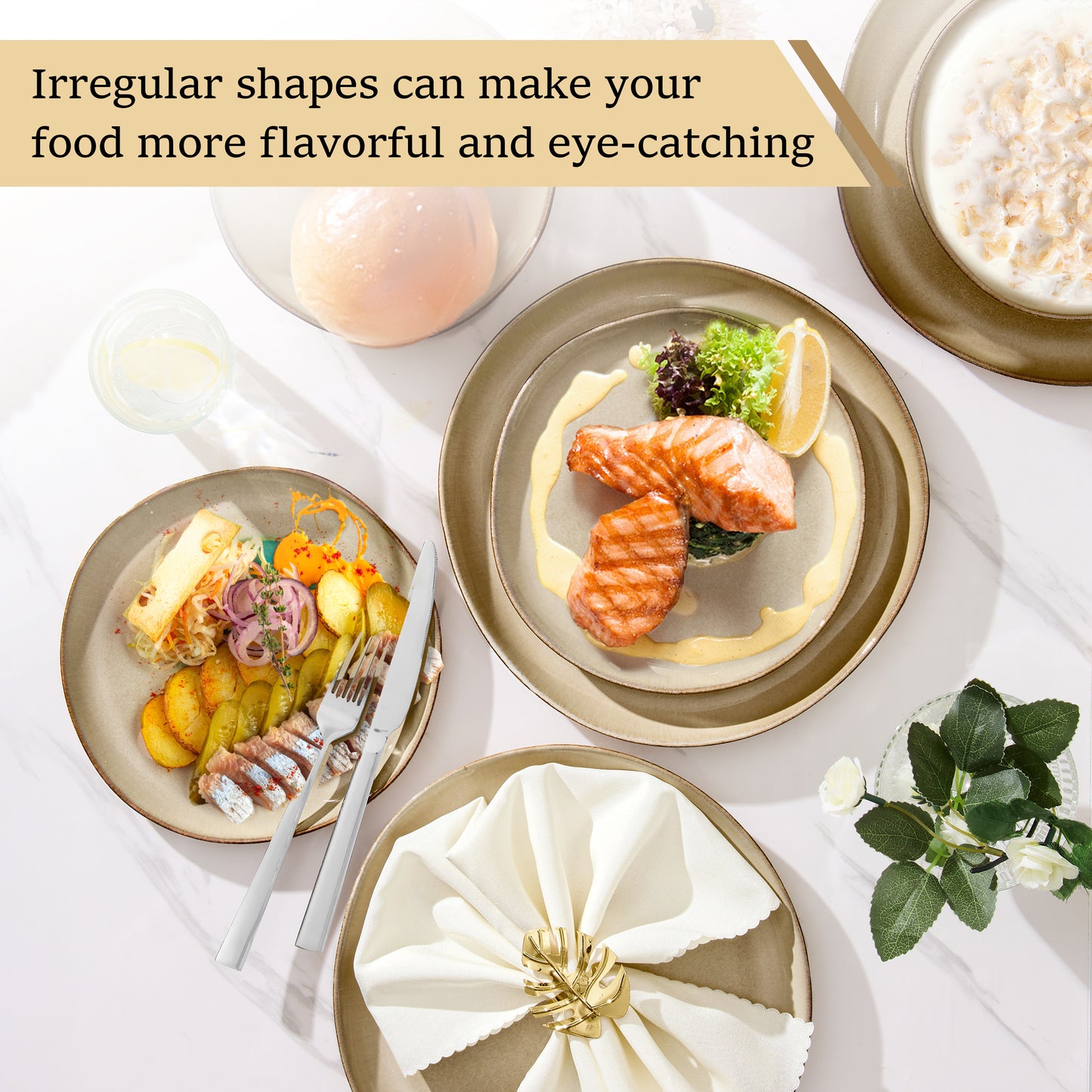 Onader 12 Piece Dinnerware Sets, Plates and Bowls Dish Set for 4, Irregular Handmade Dinner Ware Dishware for Kitchen Dinning, Microwave & Dishwasher Safe - Cream Khaki