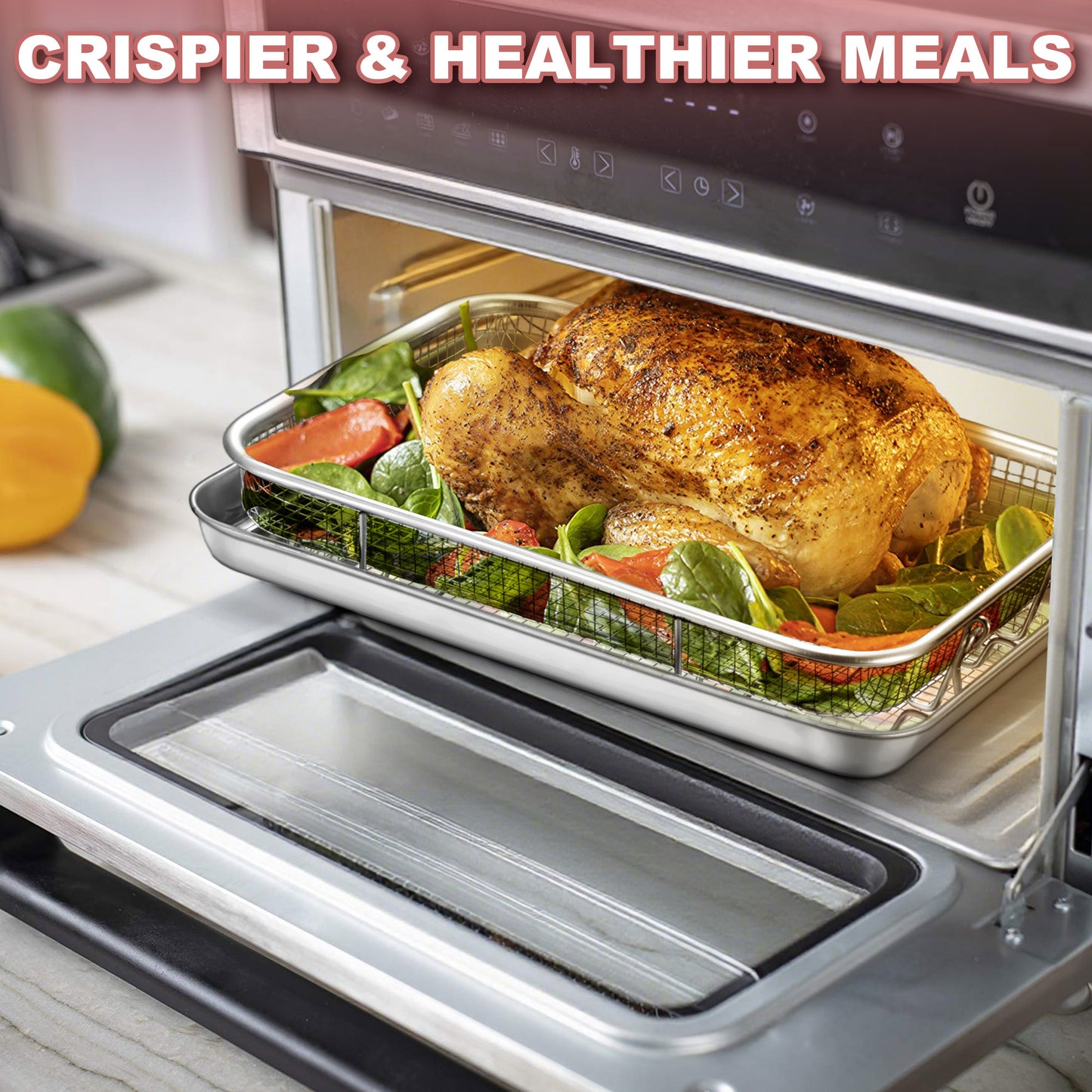 Vesteel 12.5 inch Air Fryer Pan with Basket Set of 2, Stainless Steel Oven Crisper Tray for Baking, Roasting, and Healthy Cooking, Dishwasher Safe