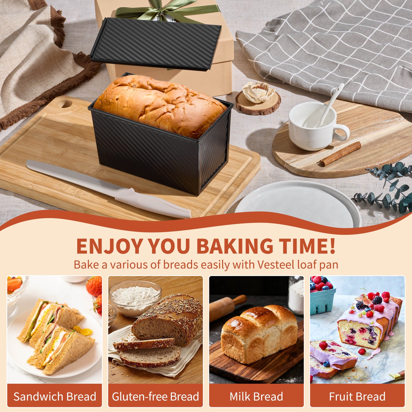 Vesteel Pullman Loaf Pan with Lid, 1 Pound Dough Capacity Rectangular Bread Pan for Homemade Bread, Non-Stick Long Bread Pan with Dough Scraper & Silicone Brush, Black