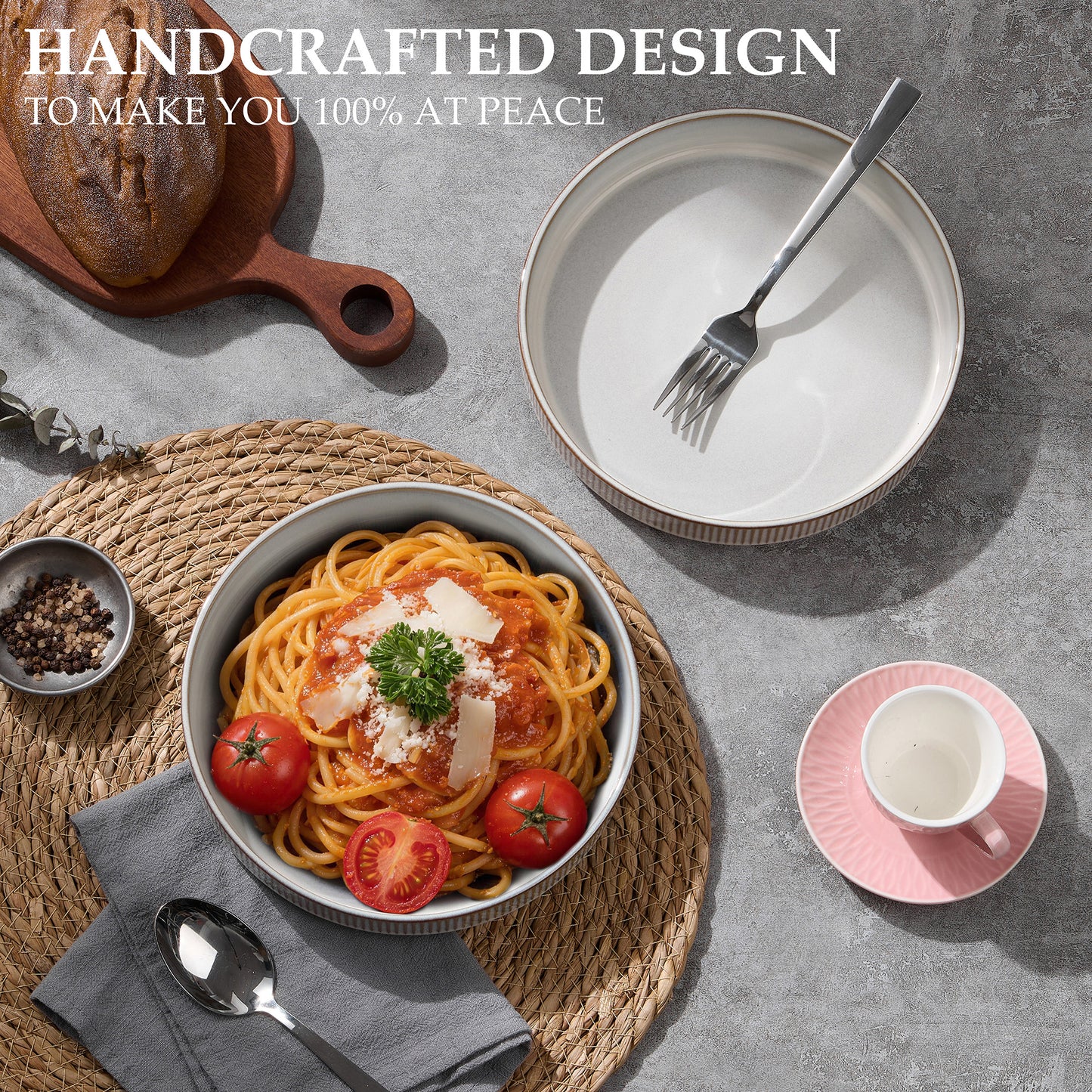 Vesteel Pasta Bowls Set of 4, 32oz Large Salad Bowls for Dinner Serving Soup, Ceramic Stoneware Pasta Plates with Textured Stripes, Microwave & Dishwasher Safe, Seashell White