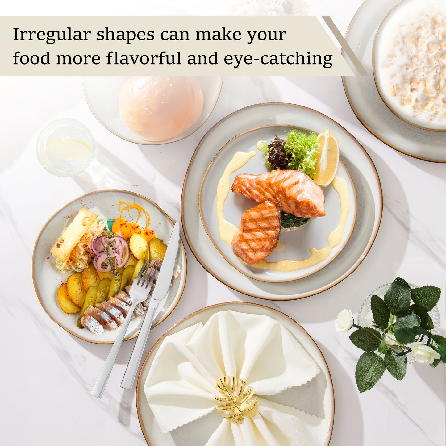 Onader 12 Piece Dinnerware Sets, Plates and Bowls Dish Set for 4, Irregular Handmade Dinner Ware Dishware for Kitchen Dinning, Microwave & Dishwasher Safe - Pearl White