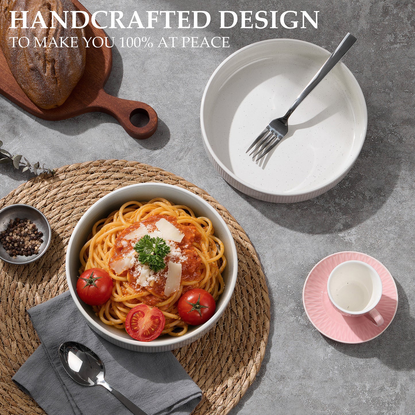Vesteel Pasta Bowls Set of 4, 32oz Large Salad Bowls for Dinner Serving Soup, Ceramic Stoneware Pasta Plates with Textured Stripes, Microwave & Dishwasher Safe, Speckled White