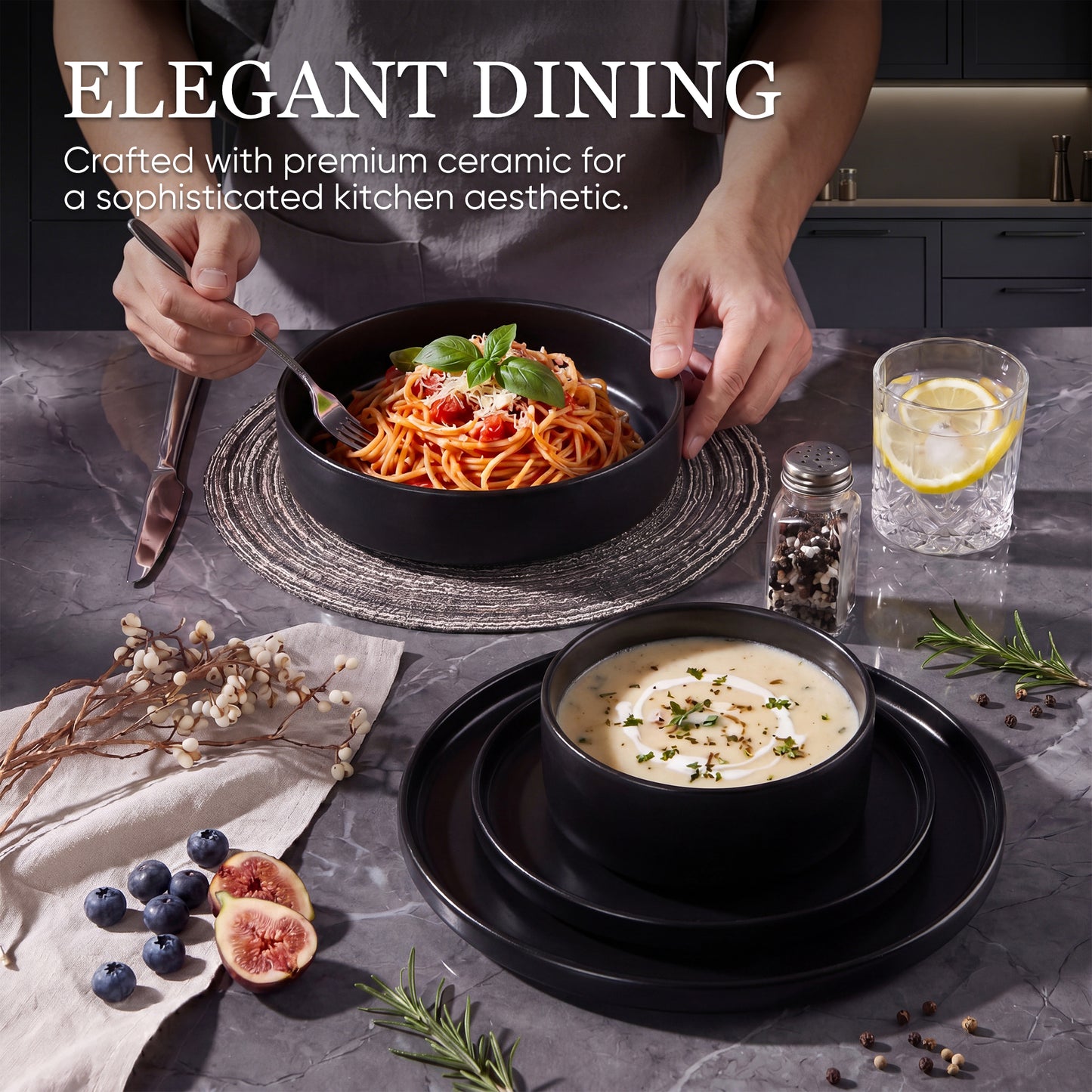 Onader 8-Piece Stoneware Dinnerware Set, Vertical Plates and Bowls for the Kitchen, Premium Glaze Handcrafted Ceramic Dinnerware, Microwave & Dishwasher Safe - Matte Black