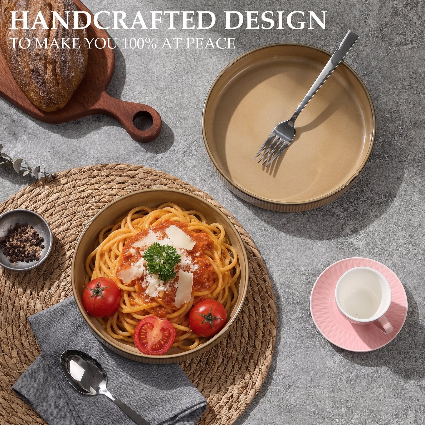 Vesteel Pasta Bowls Set of 4, 32oz Large Salad Bowls for Dinner Serving Soup, Ceramic Stoneware Pasta Plates with Textured Stripes, Microwave & Dishwasher Safe, Khaki