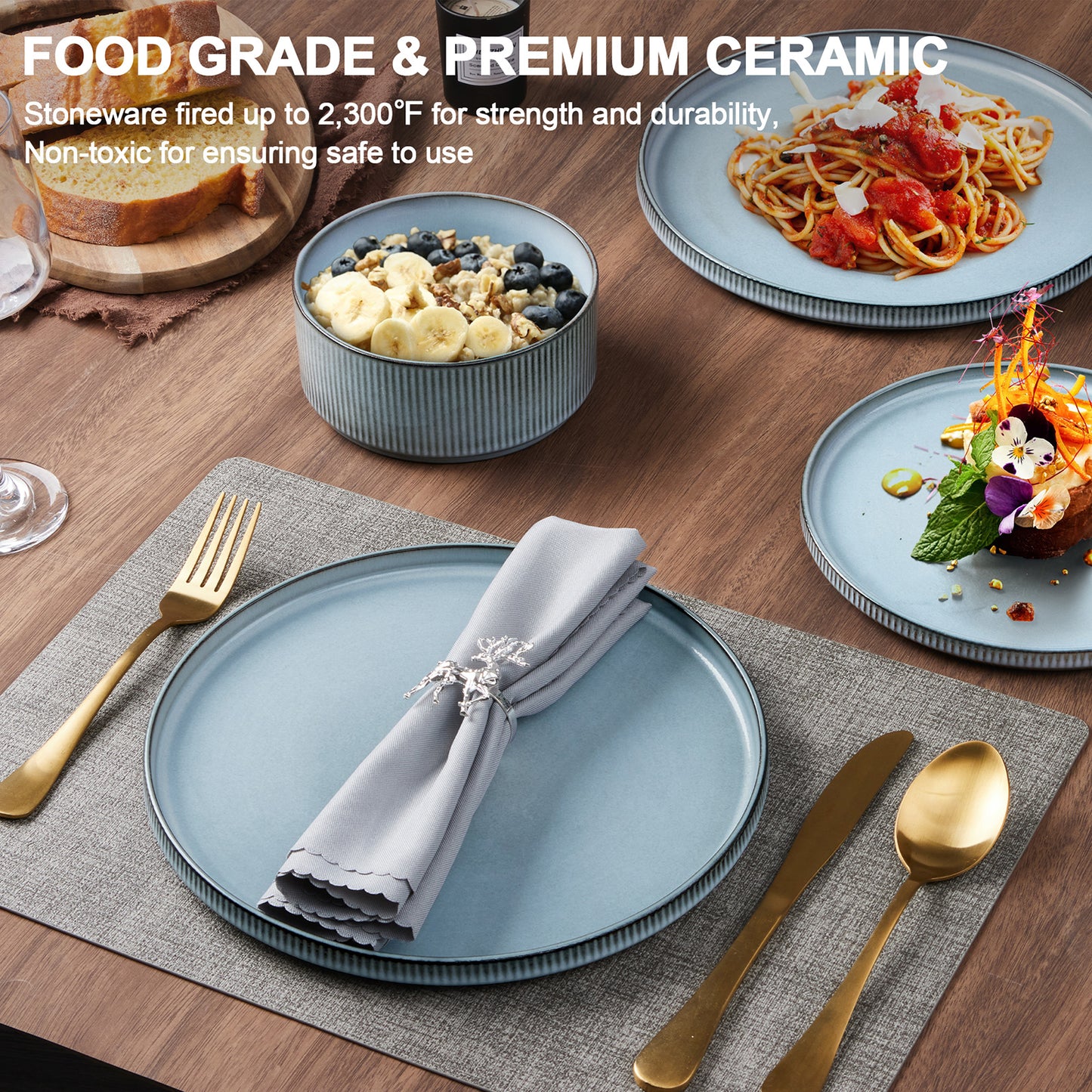 Vesteel Dinnerware Set for 4, 12-Piece Premium Stoneware Ribbed Dishes with Reactive Glaze, Chip & Scratch Resistant Plates and Bowls Set for Home Restaurant, Microwave Safe - Smoky Blue