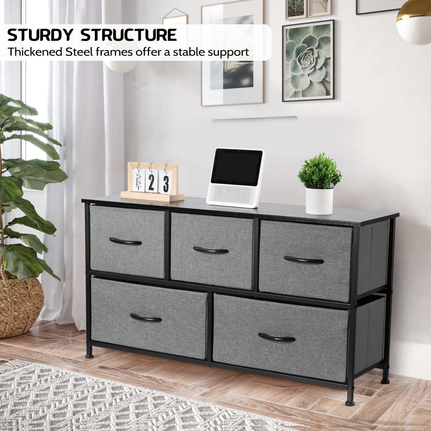 Vesteel 5 Drawers Dresser, Wide Chest of Drawers Fabric Dresser with Wood Top and Sturdy Steel Frame, Storage Organizer Unit for Closet, Living Room, Hallway - Grey