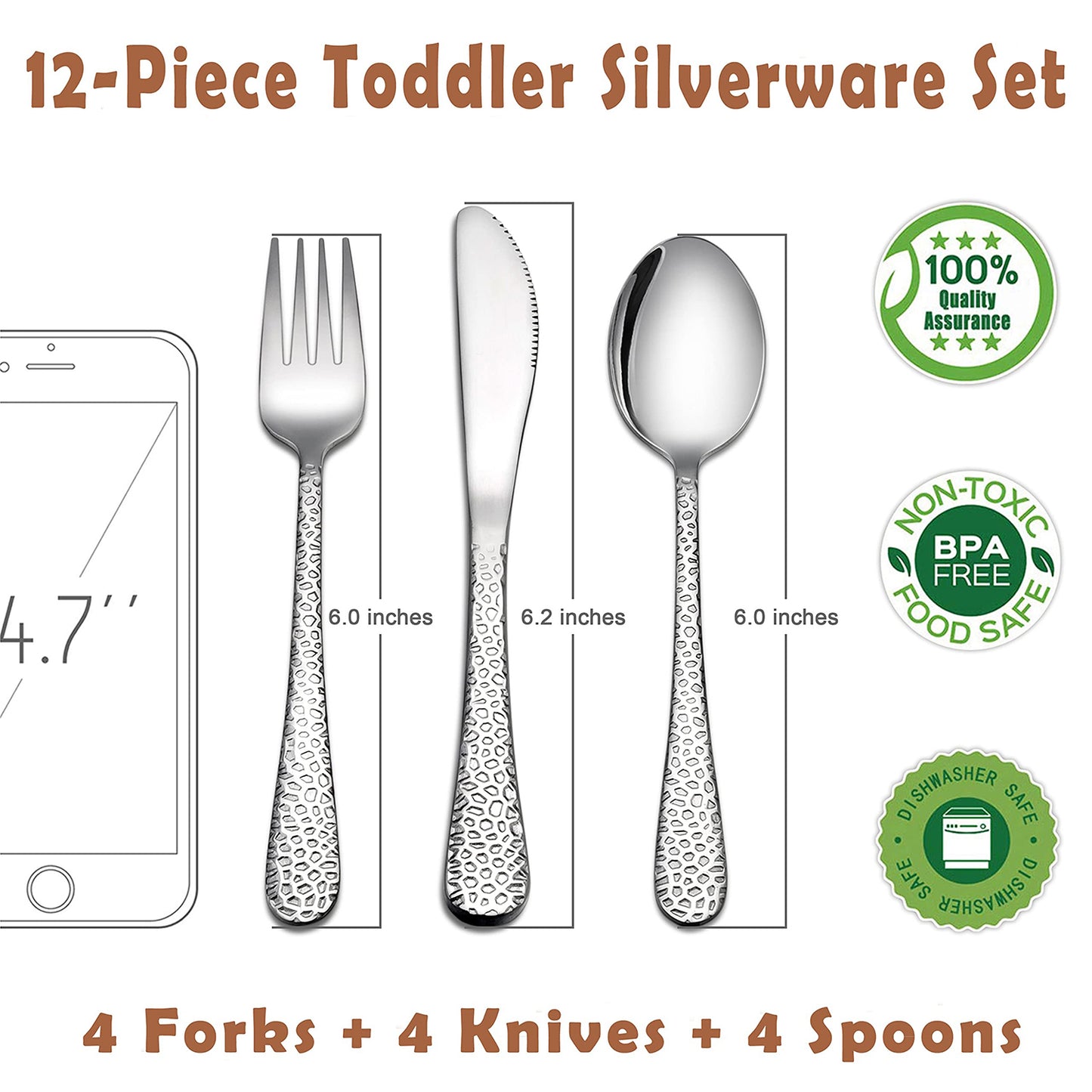 Vesteel 12-Piece Kids Hammered Silverware Set, Stainless Steel Preschooler Eating Flatware Utensils - Silver