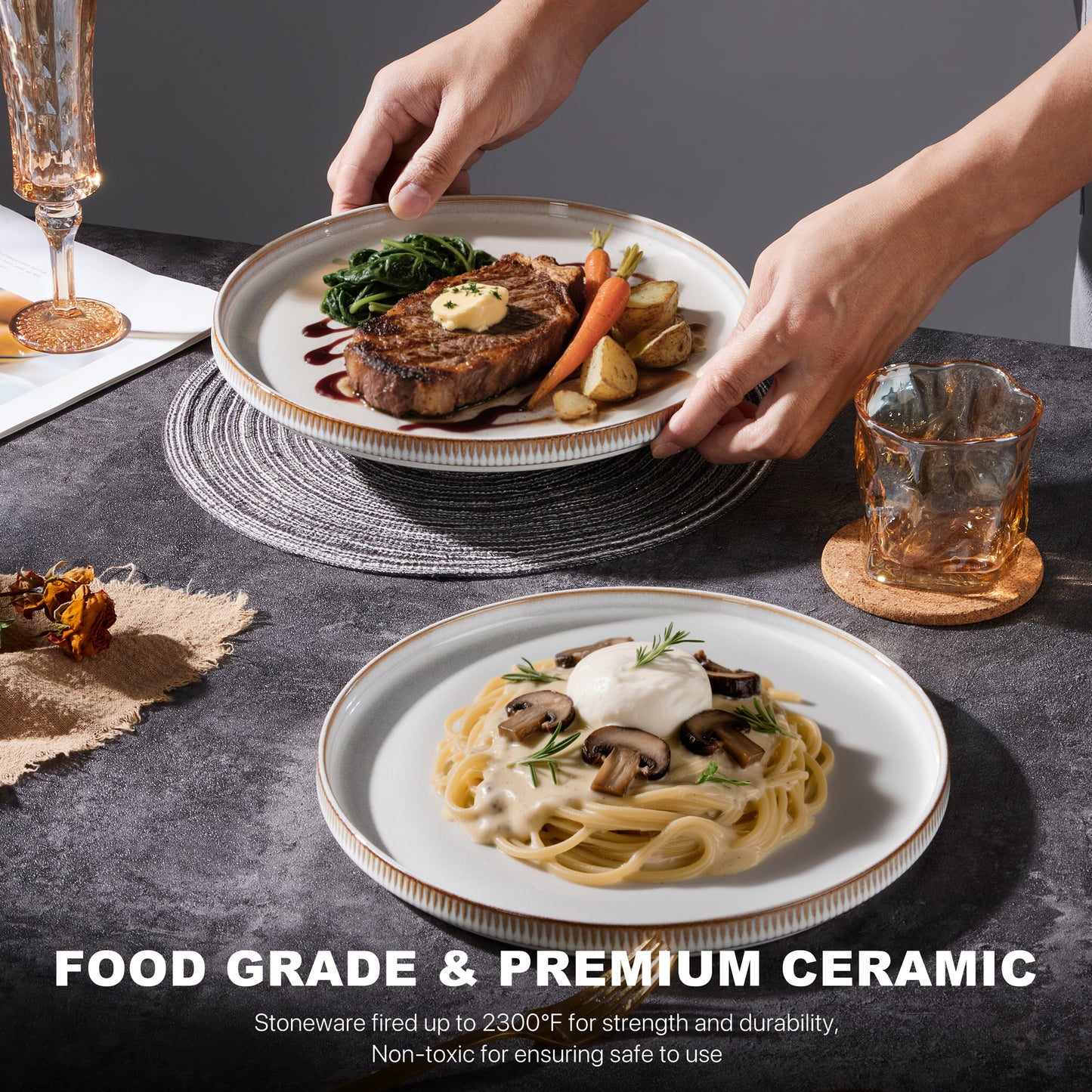 Vesteel 4 Pieces Dinner Plates Set, Premium Stoneware Ribbed Dishes, Chip & Scratch Resistant Ceramic Set for Home Restaurant, Microwave and Dishwasher Safe - Seashell White