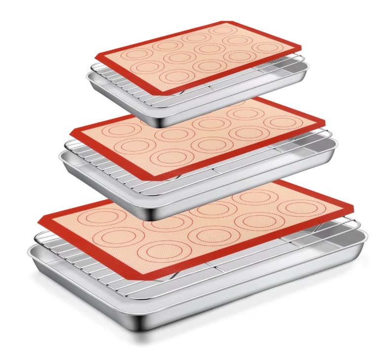 Vesteel Stainless Steel Baking Sheet Tray Cooling Rack with Silicone Baking Mat Set, Cookie Pan with Cooling Rack Set of 9 (3 Sheets + 3 Racks + 3 Mats), Heavy Duty & Dishwasher Safe