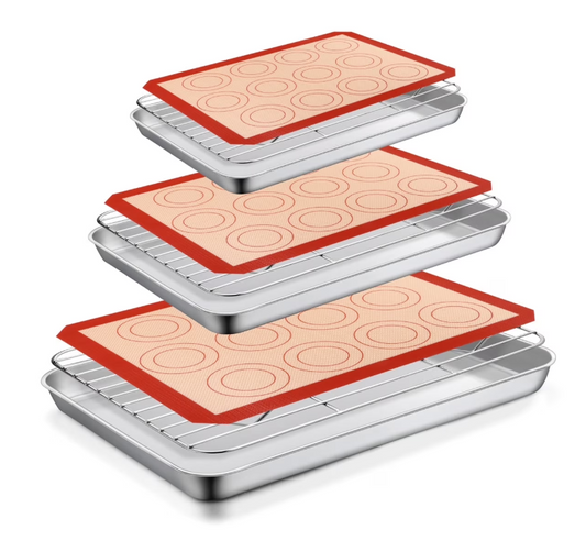 Vesteel Stainless Steel Baking Sheet Tray Cooling Rack with Silicone Baking Mat Set, Cookie Pan with Cooling Rack Set of 9 (3 Sheets + 3 Racks + 3 Mats), Heavy Duty & Dishwasher Safe