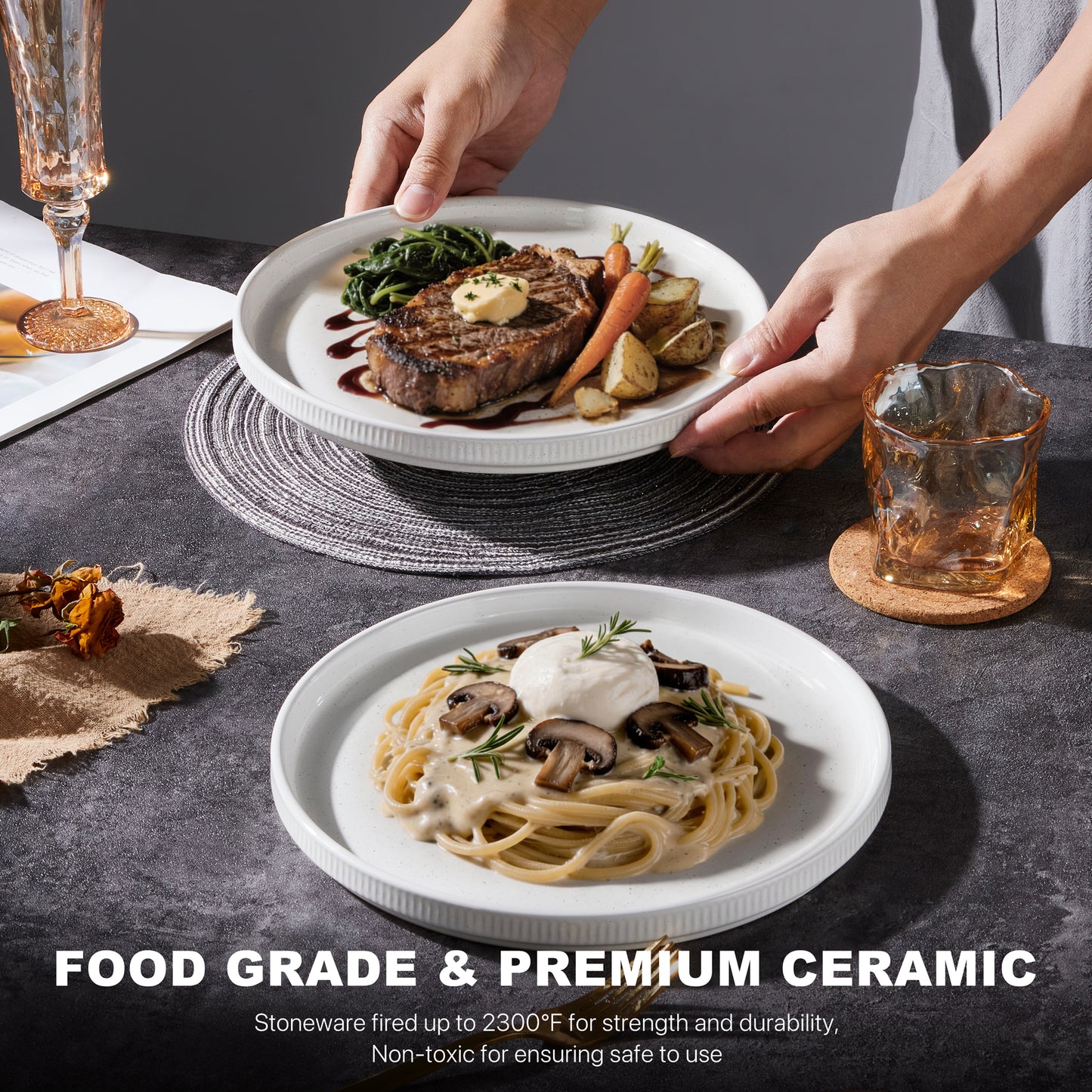Vesteel 4 Pieces Dinner Plates Set, Premium Stoneware Ribbed Dishes, Chip & Scratch Resistant Ceramic Set for Home Restaurant, Microwave and Dishwasher Safe - Speckled White