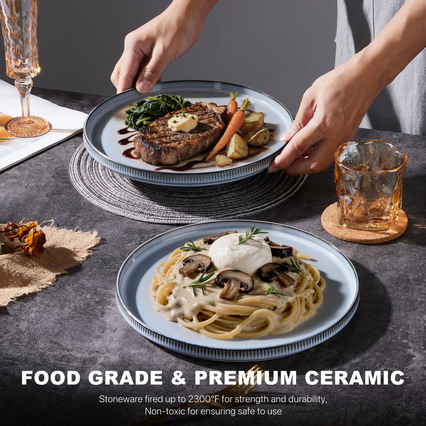 Vesteel 4 Pieces Dinner Plates Set, Premium Stoneware Ribbed Dishes, Chip & Scratch Resistant Ceramic Set for Home Restaurant, Microwave and Dishwasher Safe - Foggy Blue