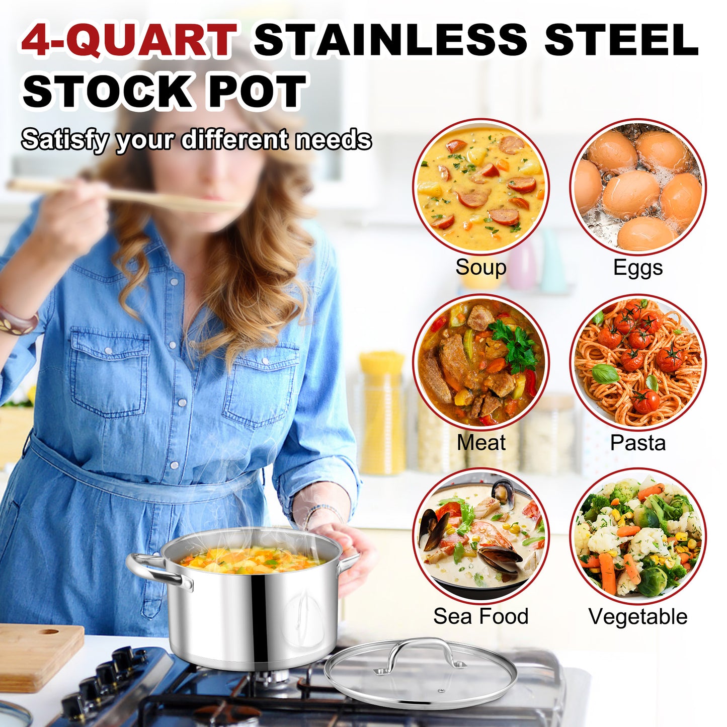 Vesteel 4 QT Stock Pot with Lid, 3 Tri-ply Stainless Steel Cooking Pot for Induction Gas Electric Stove, Stockpot for Cooking Soup Spaghetti, Dishwasher Safe