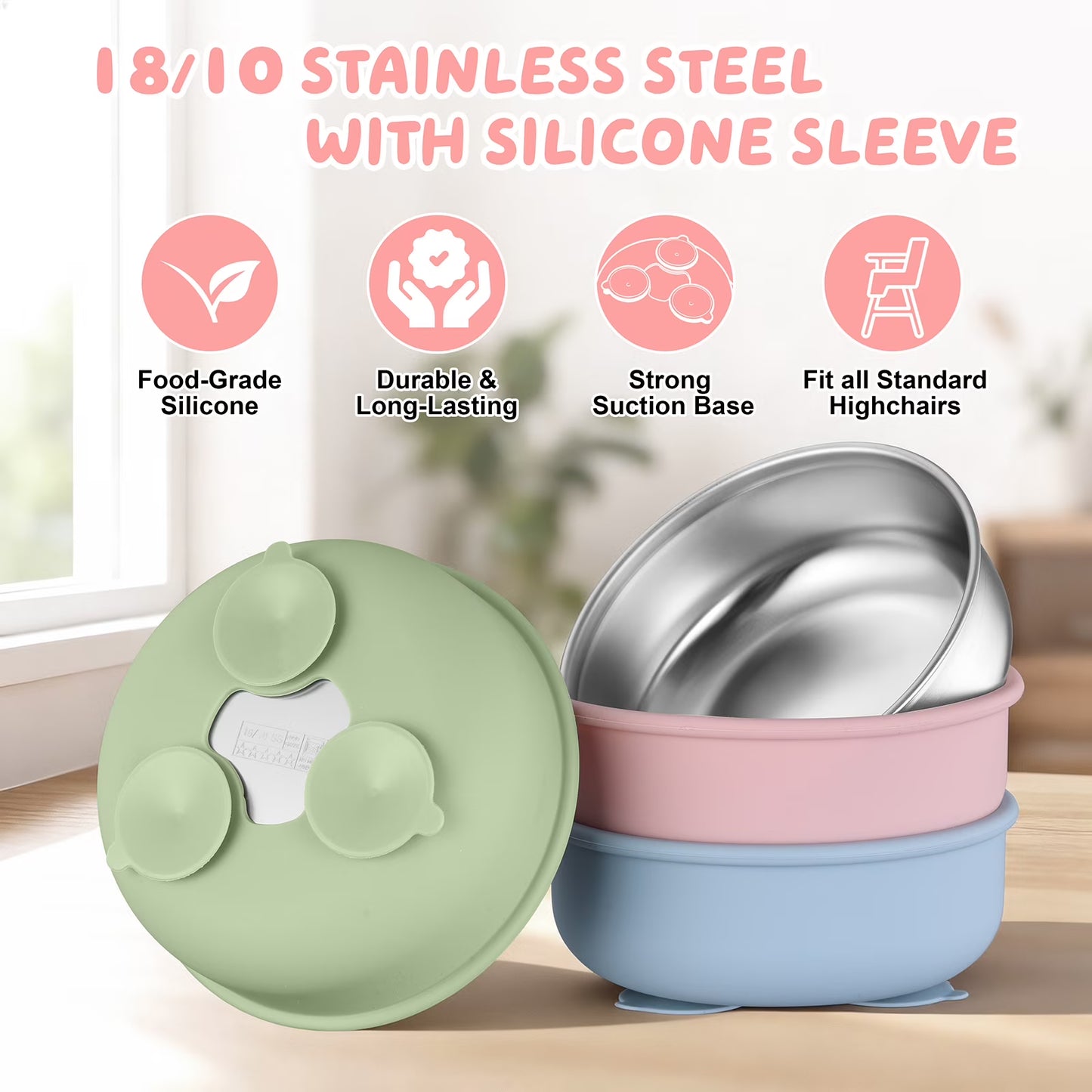 Vesteel Stainless Steel Kids Bowls with Suction, 3-Piece Suction Plates & Bowls for Toddlers, Removable Silicone Shell & Dishwasher Safe, Blue/Green/Pink