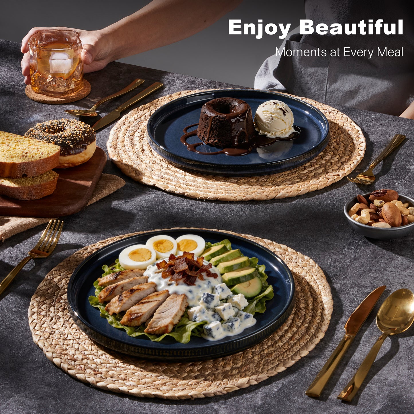 Vesteel 4 Pieces Dinner Plates Set, Premium Stoneware Ribbed Dishes, Chip & Scratch Resistant Ceramic Set for Home Restaurant, Microwave and Dishwasher Safe - Ocean Blue