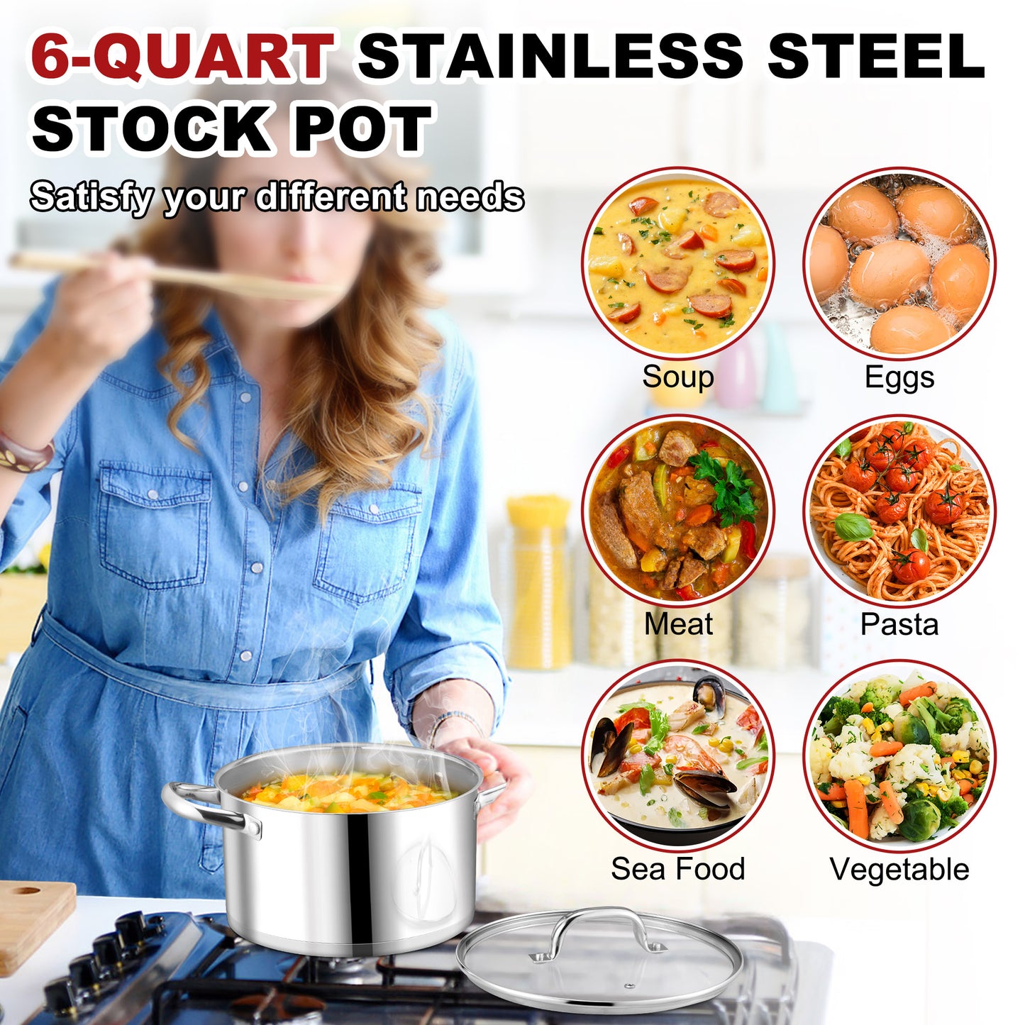Vesteel 6 QT Stock Pot with Lid, Stainless Steel Cookware for Stewing Simmering, Tri-ply Bottom for Induction Gas Electric Stove, Heavy Duty & Food Grade