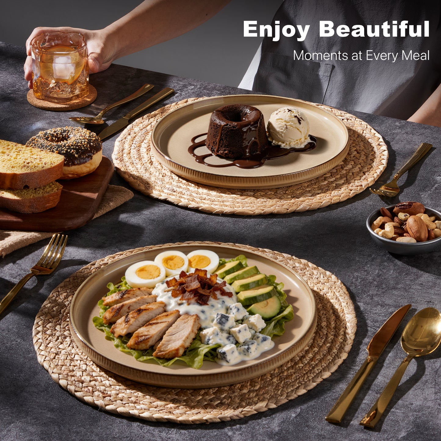 Vesteel 4 Pieces Dinner Plates Set, Premium Stoneware Ribbed Dishes, Chip & Scratch Resistant Ceramic Set for Home Restaurant, Microwave and Dishwasher Safe - Khaki