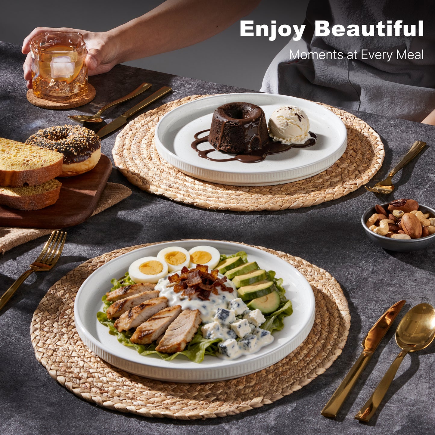 Vesteel 4 Pieces Dinner Plates Set, Premium Stoneware Ribbed Dishes, Chip & Scratch Resistant Ceramic Set for Home Restaurant, Microwave and Dishwasher Safe - Speckled White