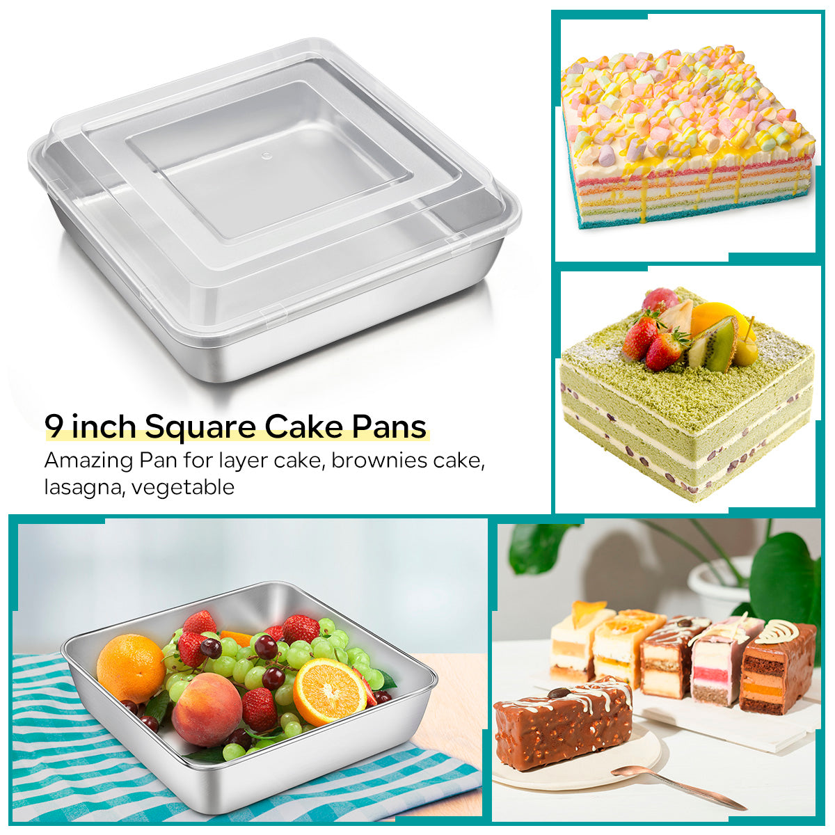9 inch Square Cake Pan with Lid, Vesteel Non-Stick Stainless Steel Rectangle Brownies Baking Pan Set of 4, Non-Toxic & Warp Resistant, Rust Free & Dishwasher Safe (2 Pans + 2 Lids)
