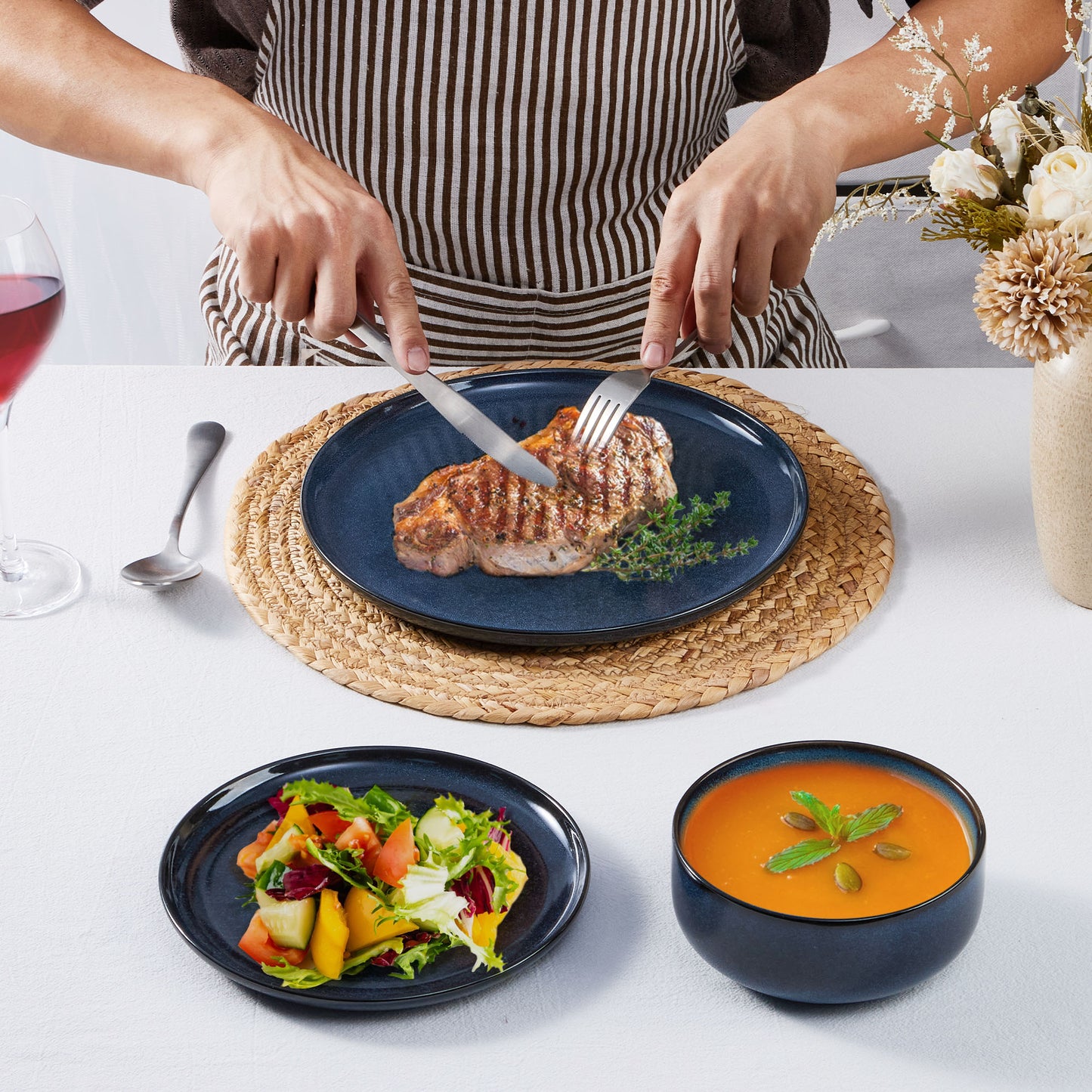 Onader 12 Piece Stoneware Dinnerware Sets, Plates and Bowls Dish Set for 4, Speckled Kitchen Dining Plates and Bowls, Dishwasher & Microwave Safe - Starry Sky Blue
