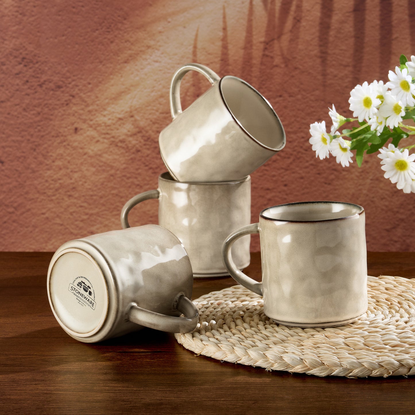 Vesteel Coffee Mug Set of 4, Ceramic Coffee Cups with Handles, 1oz Stoneware Mugs set for Coffee Tea Milk, Wave Design Mug Gifts for Home Office Restaurant, Khaki