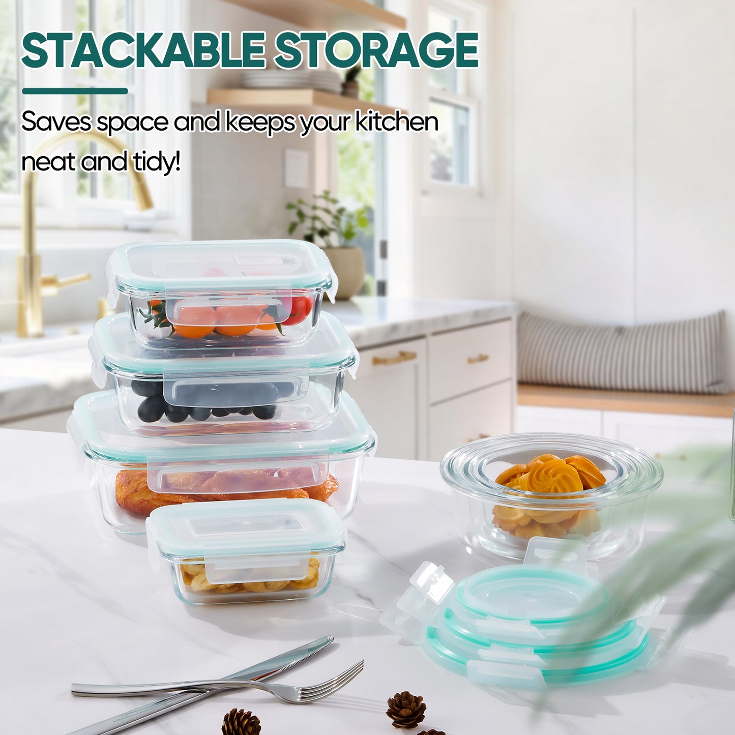 Vesteel 7 Pack Glass Food Storage Containers Set with Airtight Lid, Glass Meal Prep Containers with Vented Lid for Kitchen, BPA-Free Bento Lunch Box , Microwave, Freezer & Dishwasher Safe