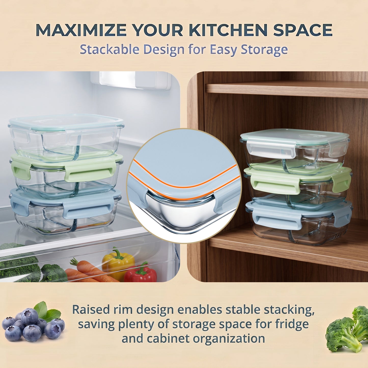 Vesteel 4 Pack Glass Meal Prep Containers, Lunch Bento Boxes with Snap Locking Lid, 24 oz/710 ml Food Storage Containers with 2 Compartments, Oven, Freezer, Microwave & Dishwasher Safe