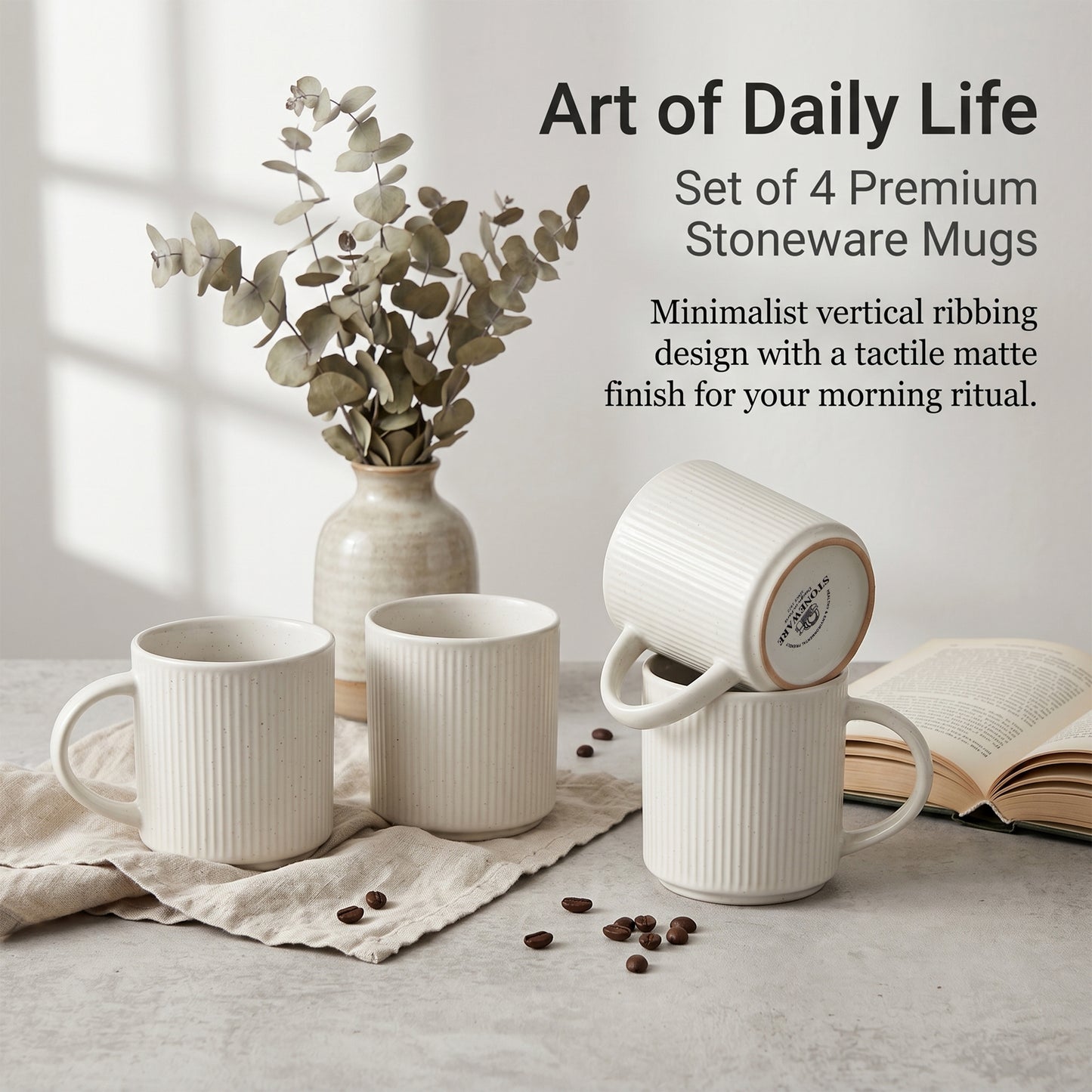 Onader 4-Pieces Coffee Mugs Set, Water Cups with Large Handle, 12 oz Ceramic Mugs Suitable for Tea Milk Latte, Stain-Resistant & Microwave Safe, Speckle White