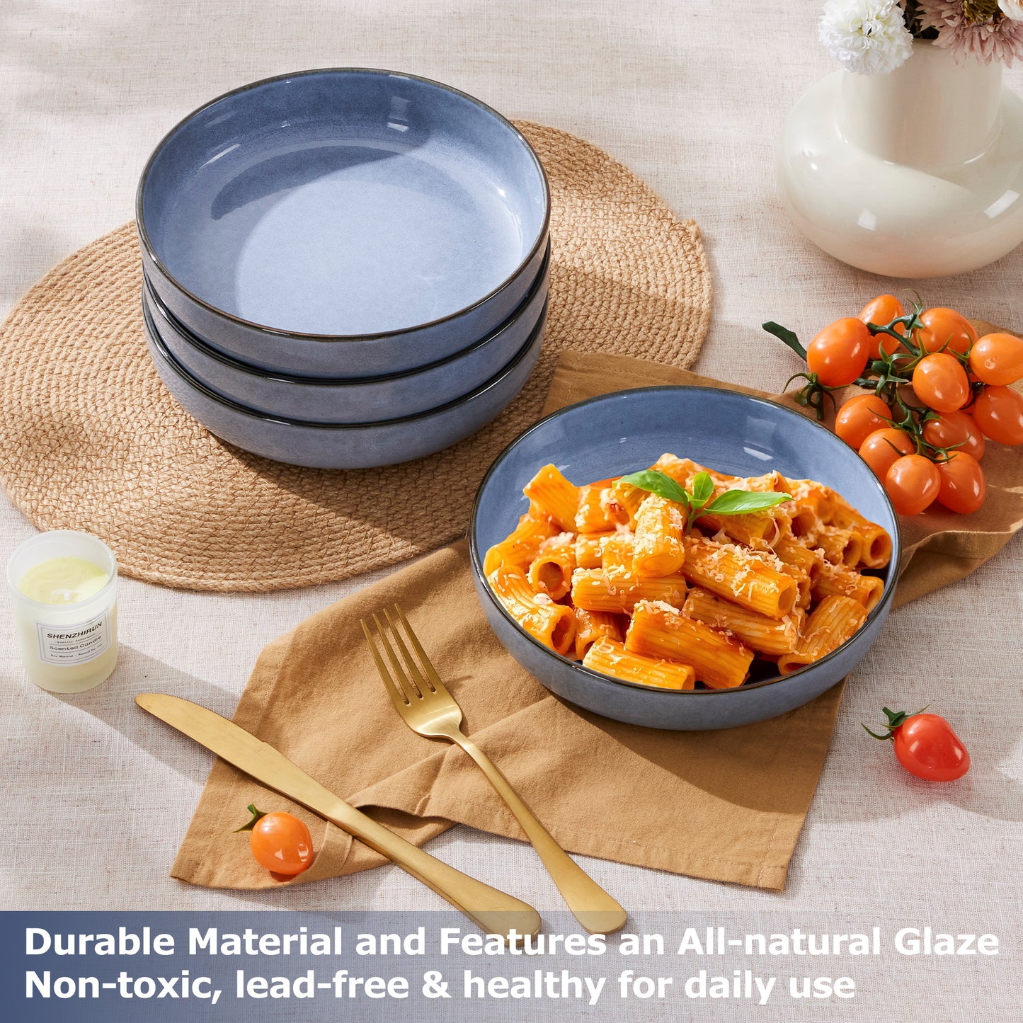 Vesteel Pasta Bowl Set of 4, 22oz Stoneware Salad Pasta Serving Bowls for Soup Dinner Cereal, Microwave & Dishwasher Safe, Grayish Blue
