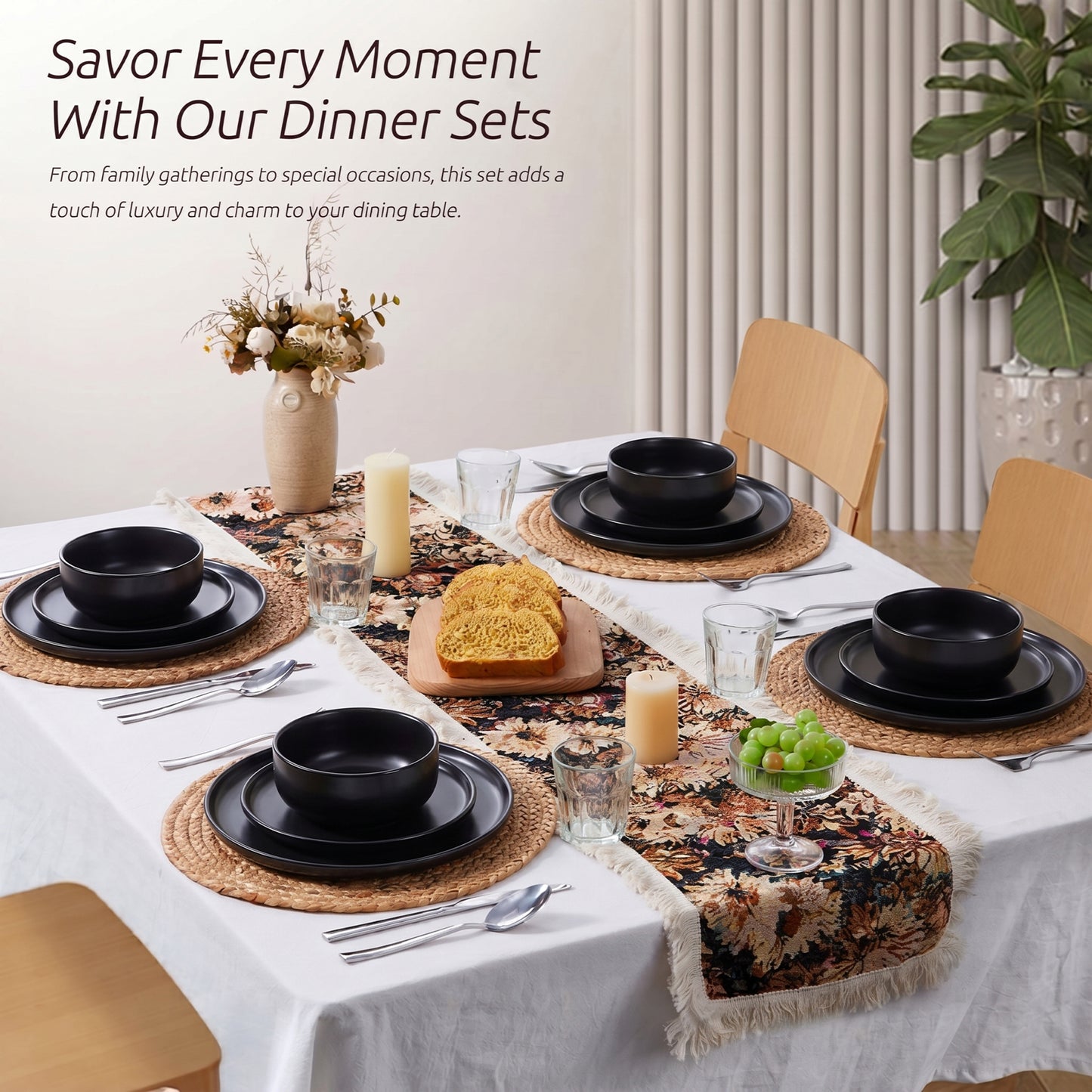 Onader 12 Piece Dinnerware Sets, Plates and Bowls Set for 4, Premium Stoneware Dishes Sets for Home Restaurant, Dishwasher & Microwave Safe - Matte Black