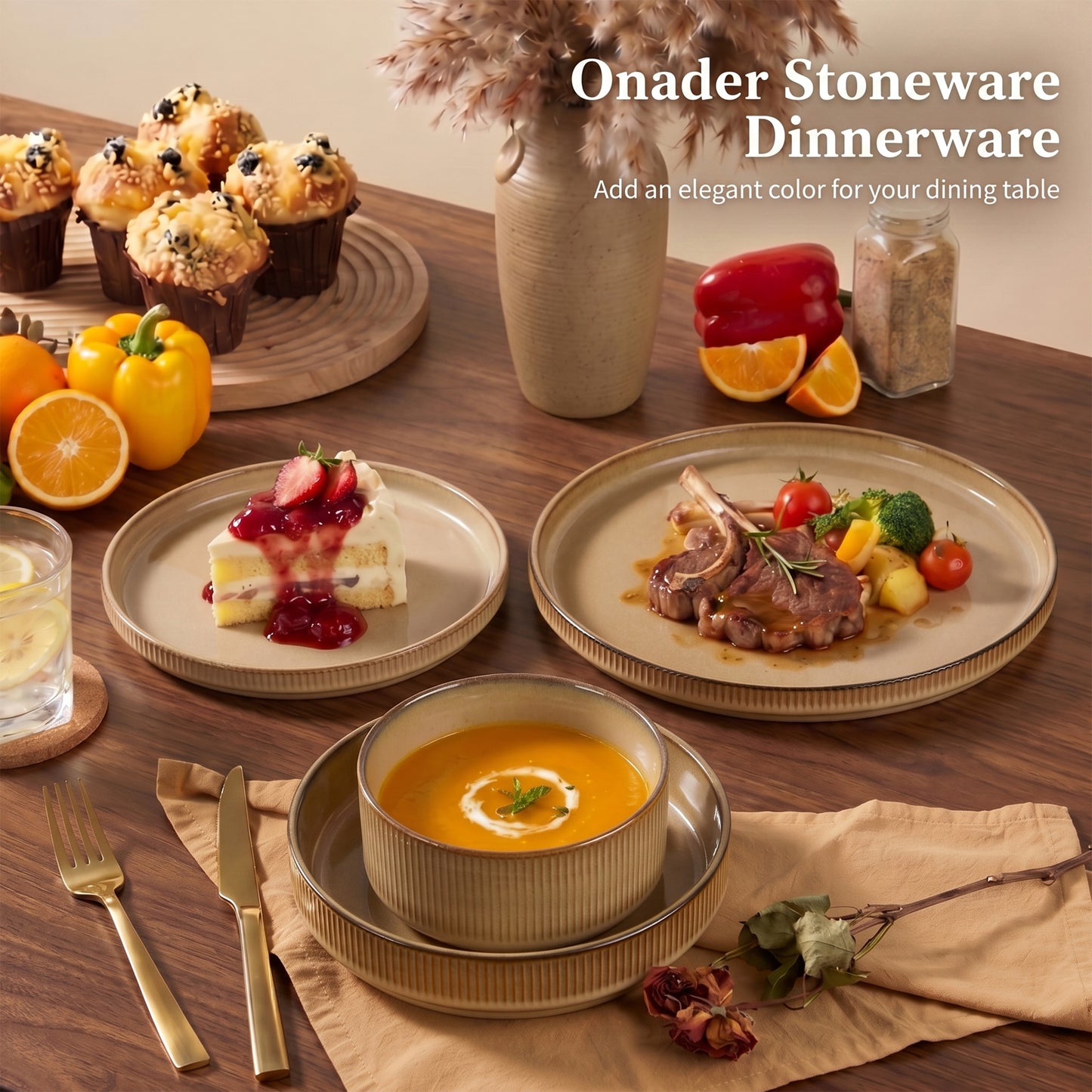 Onader 8-Piece Stoneware Dinnerware Set, Vertical Striped Reactive Glaze Plates and Bowls Sets for the Kitchen, Microwave & Dishwasher Safe, Khaki