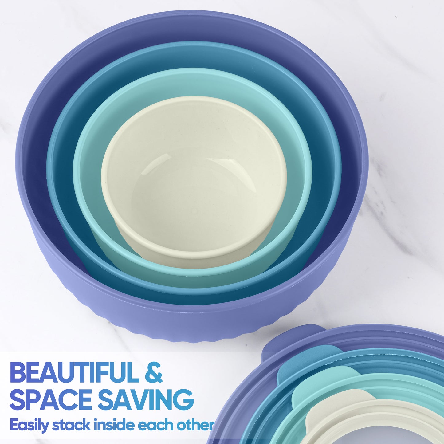 Vesteel 8Pcs Mixing Bowl Set with Lids, Nesting Plastic Bowls for for Mixing Serving Preparing Storage, Kitchen Prep Bowls, Dishwasher Safe, Blue