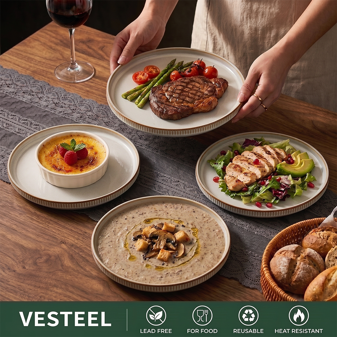 Vesteel Salad Plate for 4, 8 inch Stoneware Dinner plates with Textured Stripes, 4-Piece Ceramic Kitchen Plates for Dessert Salad, Dishwasher Safe & Microwave Safe, Seashell White