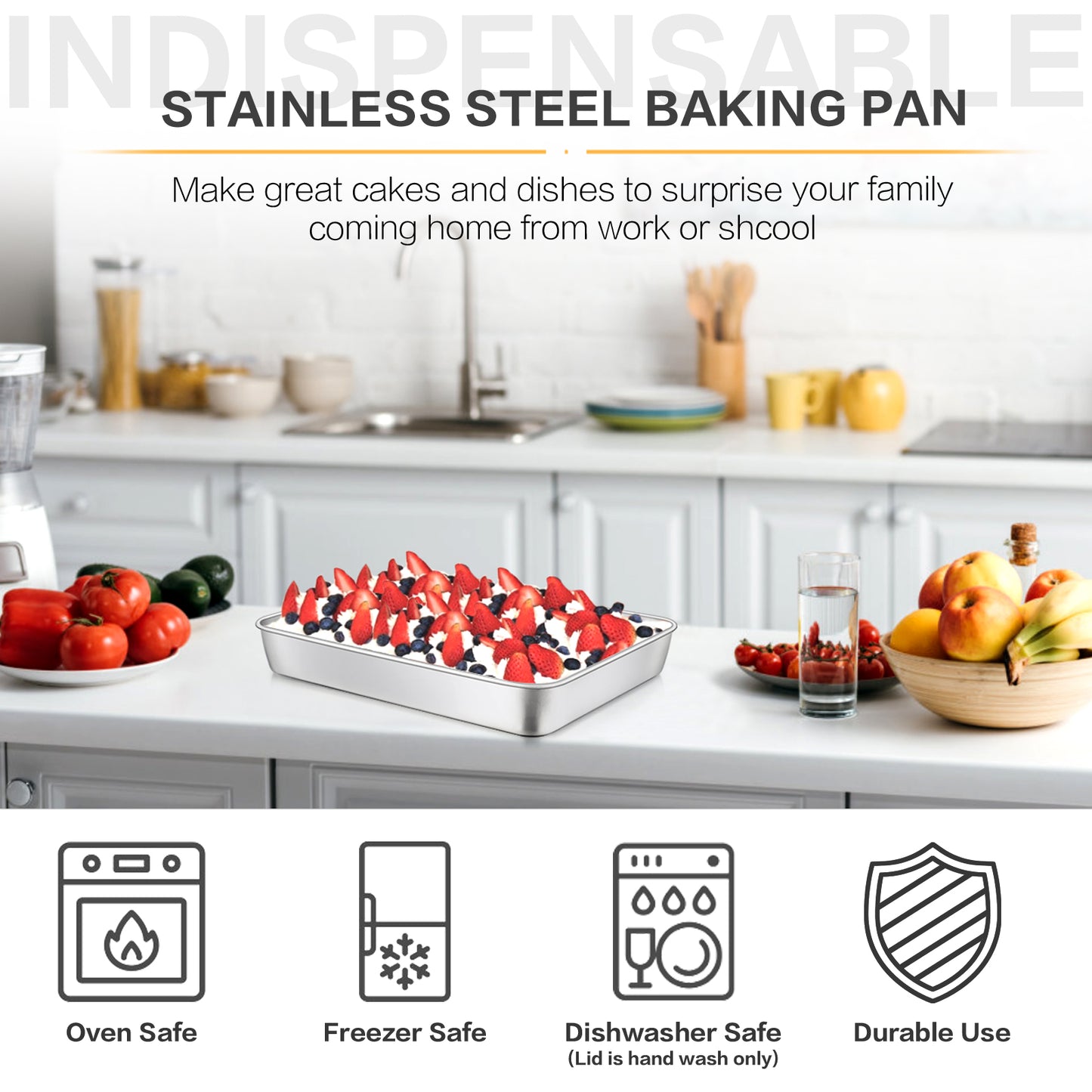 Stainless Steel Baking Pan with Lid, VeSteel 12⅓ x 9¾ x 2 Inch Rectangle Sheet Cake Pans with Covers Bakeware for Brownies Casseroles - Set of 4