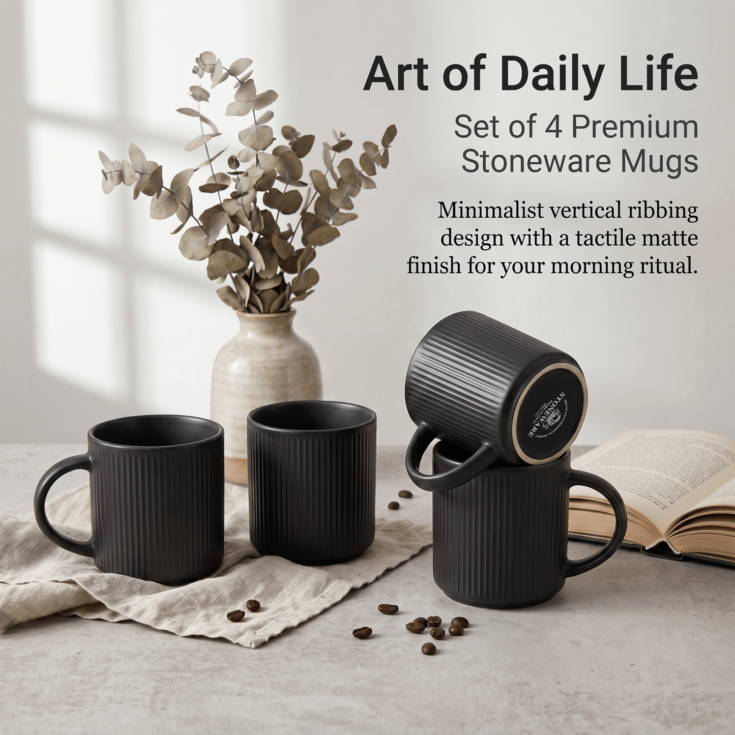 Onader 4-Pieces Coffee Mugs Set, Water Cups with Large Handle, 12 oz Ceramic Mugs Suitable for Tea Milk Latte, Stain-Resistant & Microwave Safe, Matte Black