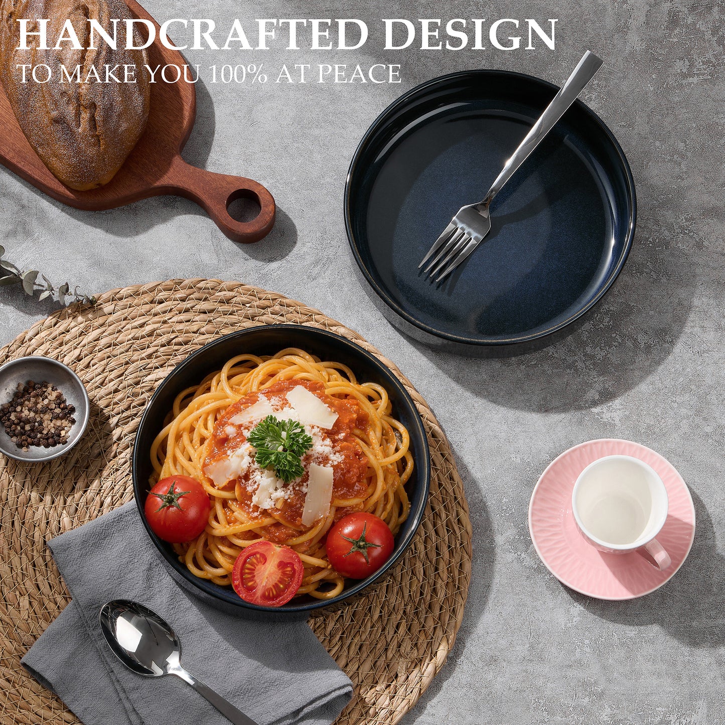 Vesteel Pasta Bowls Set of 4, 32oz Large Salad Bowls for Dinner Serving Soup, Ceramic Stoneware Pasta Plates with Textured Stripes, Microwave & Dishwasher Safe, Ocean Blue