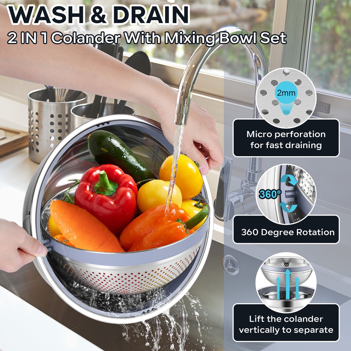 Vesteel Mixing Bowls with Lids Set of 7, Stainless Steel Nesting Bowls with Colander and 3 Graters for Draining Prepping Slicing, Nonslip Bottoms & Airtight Lid, Size 4.6, 2.6, 1.5 Qt, Black