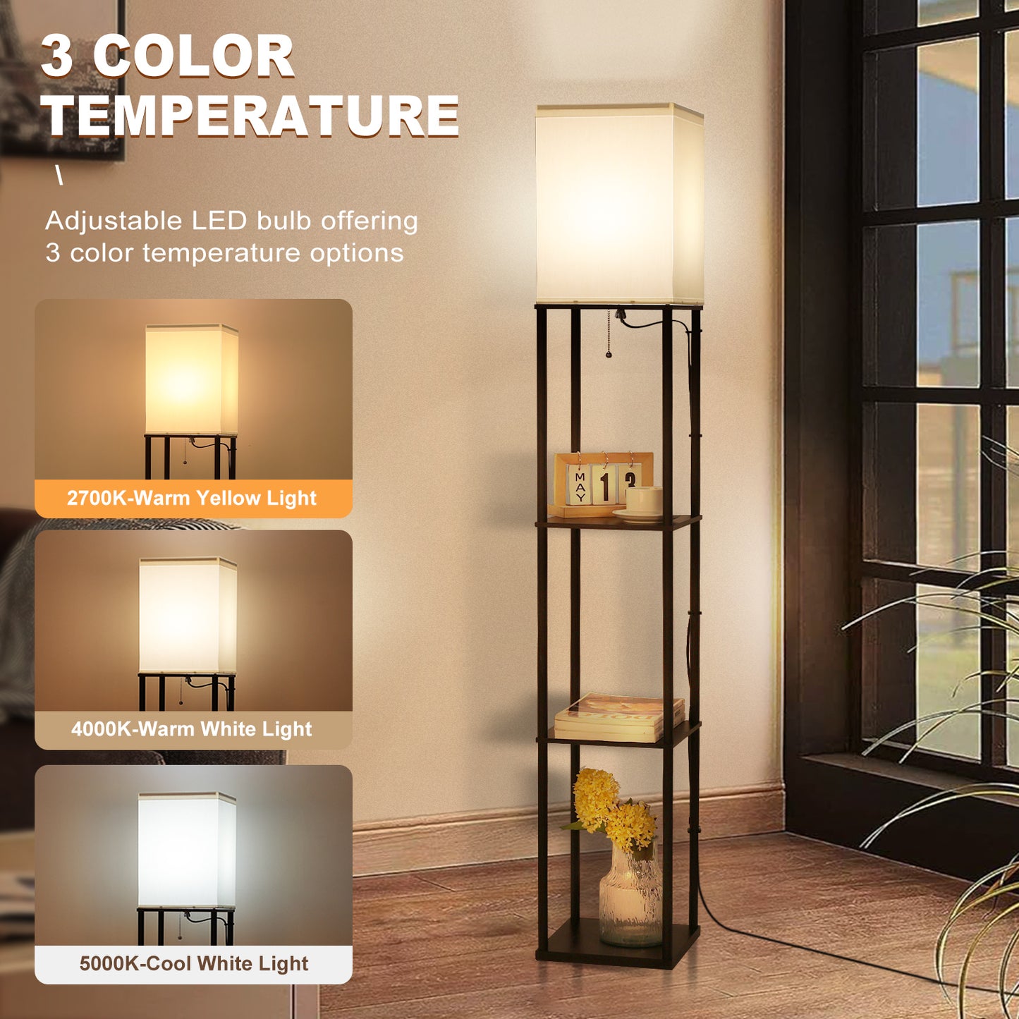 Vesteel Floor Lamp with 3-Tier Shelves, Standing Lamp with 3 Color Adjustable LED Bulb, Modern Square Lamp for Living Room Bedroom Office Kid Room