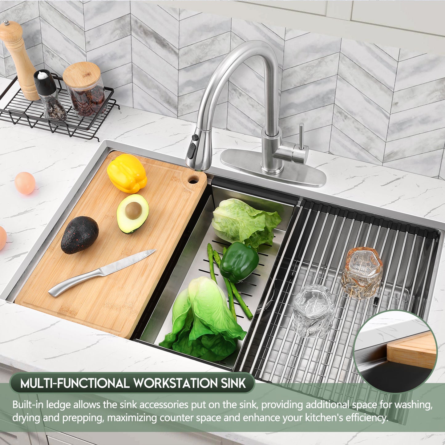 Vesteel Stainless Steel Kitchen Sink, 33” x 19” Undermount Sink 10” Deep Single Bowl Workstation Sink Basin with Sink Accessories
