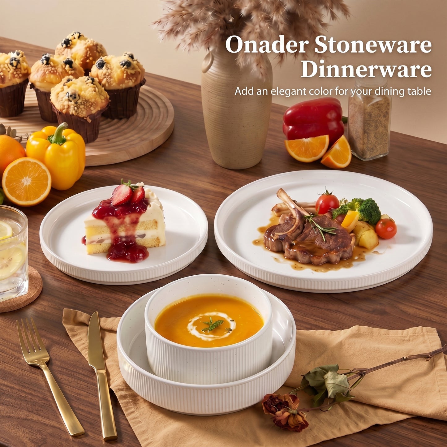 Onader 8-Piece Stoneware Dinnerware Set, Speckled Plates and Bowls Sets for Restaurant Kitchen Microwave & Dishwasher Safe, Speckle White