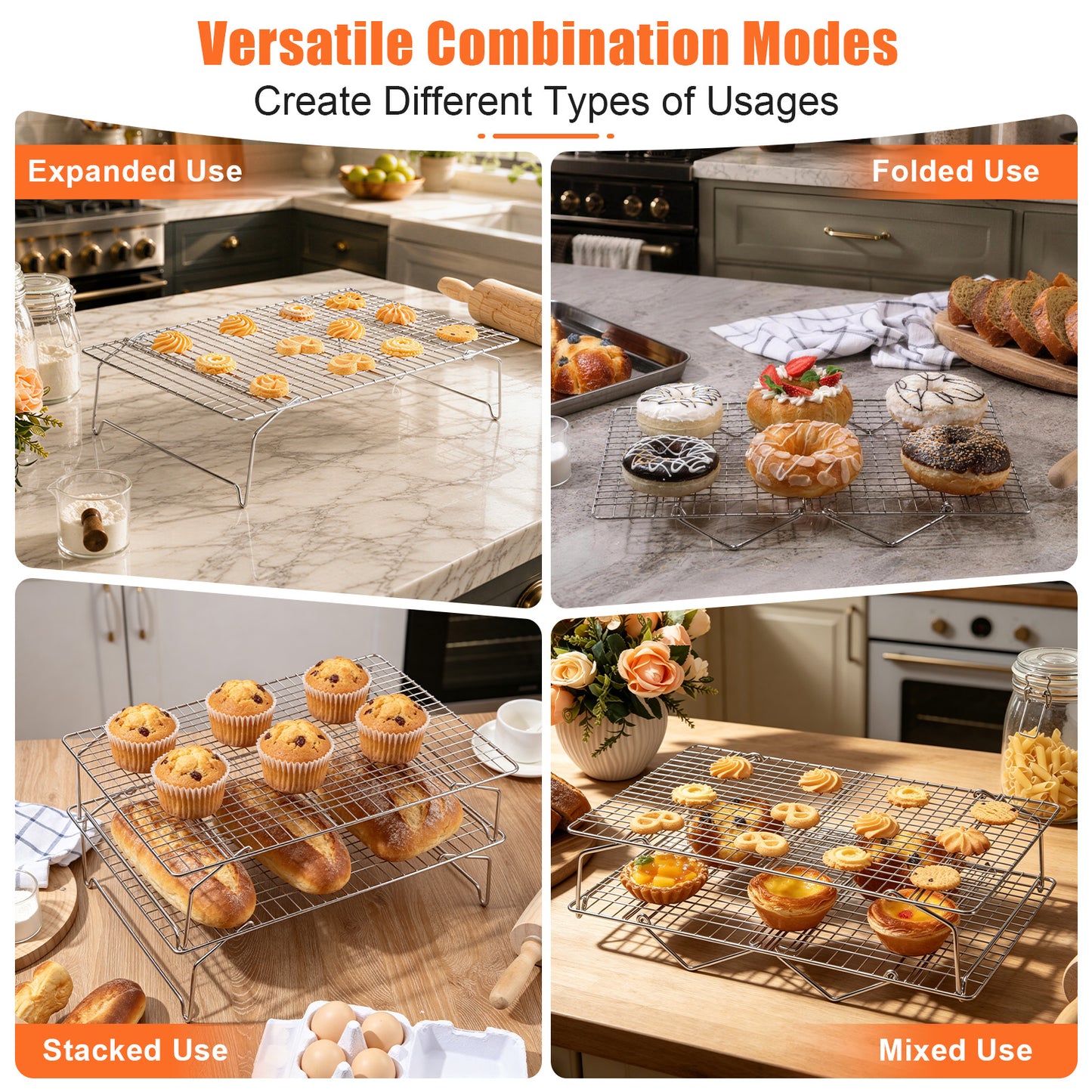 Vesteel 2-Tier Cooling Racks, Stainless Steel Stackable Grid Baking Racks, Collapsible Wire Racks for Cooking Grilling Roasting, Oven & Dishwasher Safe, 15’’ x 10’’