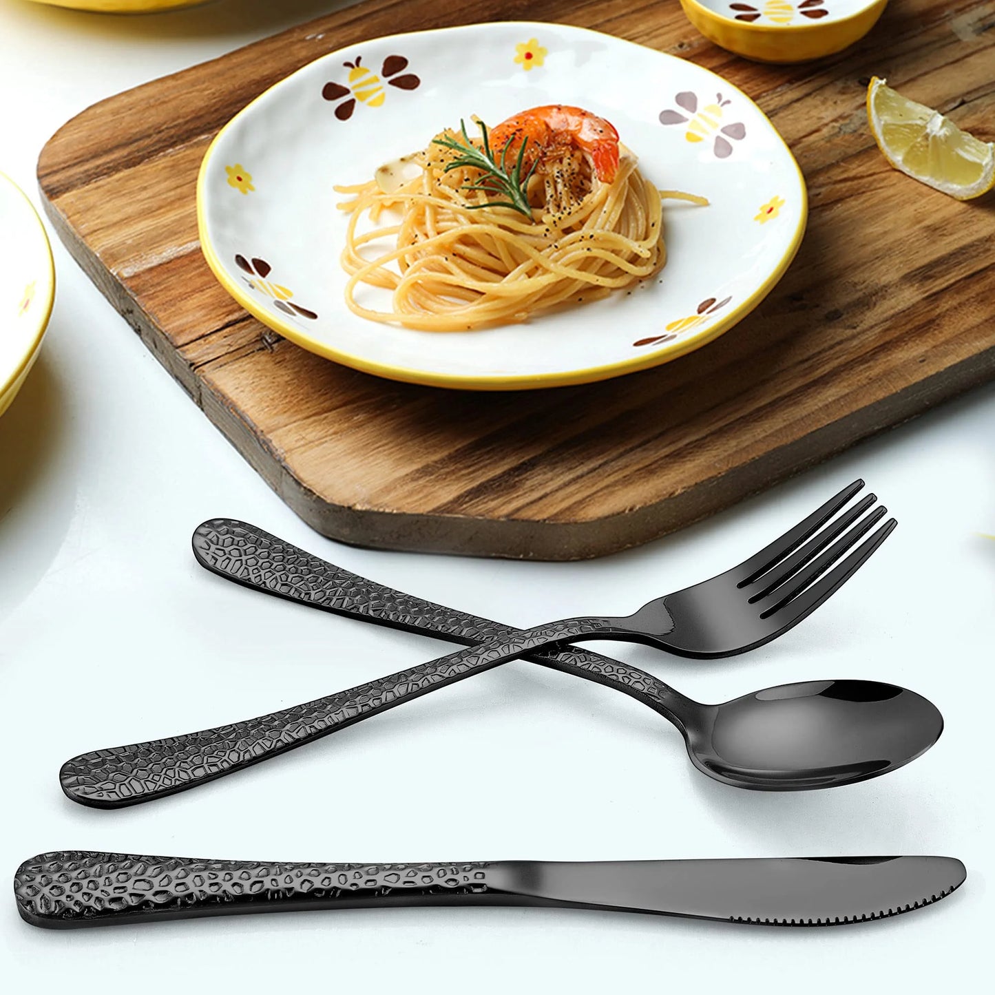 Vesteel 9-Piece Kids Hammered Silverware Set, Stainless Steel Preschooler Eating Flatware Utensils - Black