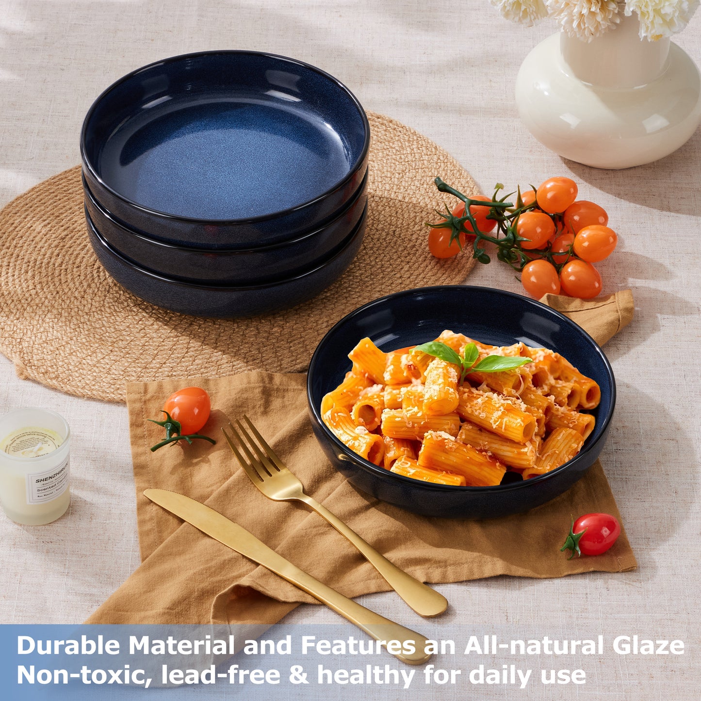 Vesteel Pasta Bowl Set of 4, 22oz Stoneware Salad Pasta Serving Bowls for Soup Dinner Cereal, Microwave & Dishwasher Safe, Ocean Blue