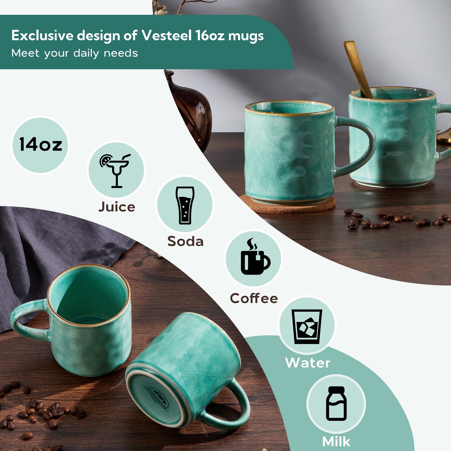 Vesteel Coffee Cups Set of 4, 14oz Ceramic Mugs Set with Handles, Porcelain Mug for Latte Tea Beer Hot Cocoa, Dishwasher & Microwave Safe, Jade Green