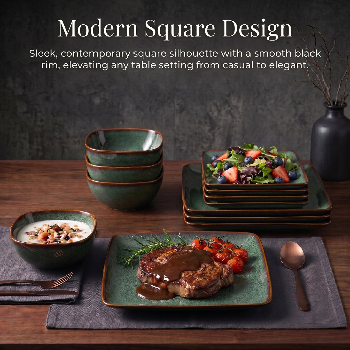 Onader 12 Piece Dinnerware Sets, Reactive Glaze Plates and Bowls Set for 4, Dishes Sets Serve for Steak Salad Soup, Scratch Resistant & Microwave Safe, Blackish Green