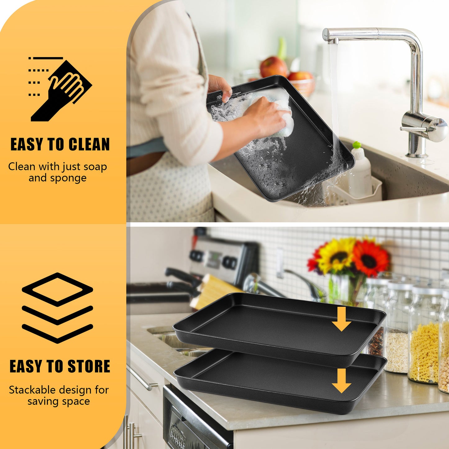 Vesteel Cookie Sheet for Baking Set of 2, Nonstick Carbon Steel Rectangle Baking Pan Oven Tray - 12.5 x 9.75 x 1 inches