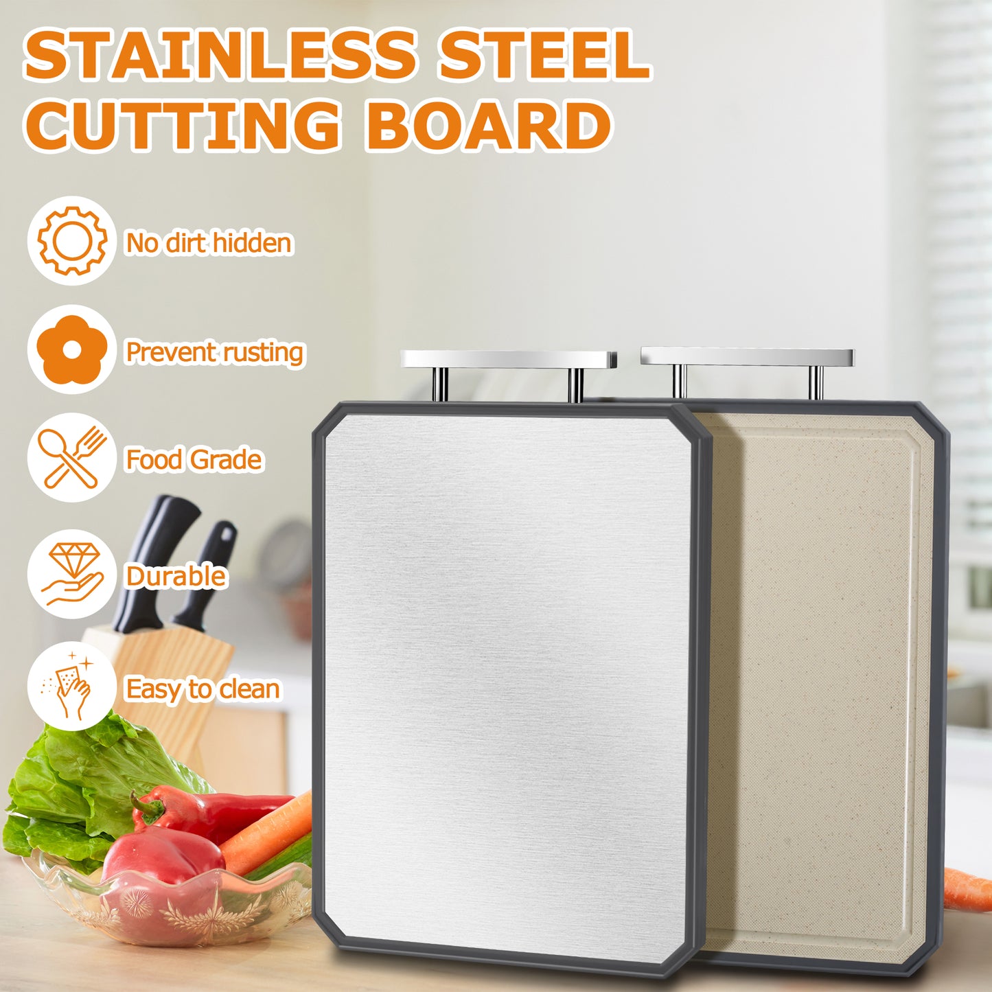 Vesteel Double Side Cutting Board, 16” x 11” Cutting Board with Stainless Steel Handle for Kitchen, Non Toxic Chopping Board for Meat and Vegetables, Dishwasher Safe & Scratch Resistant