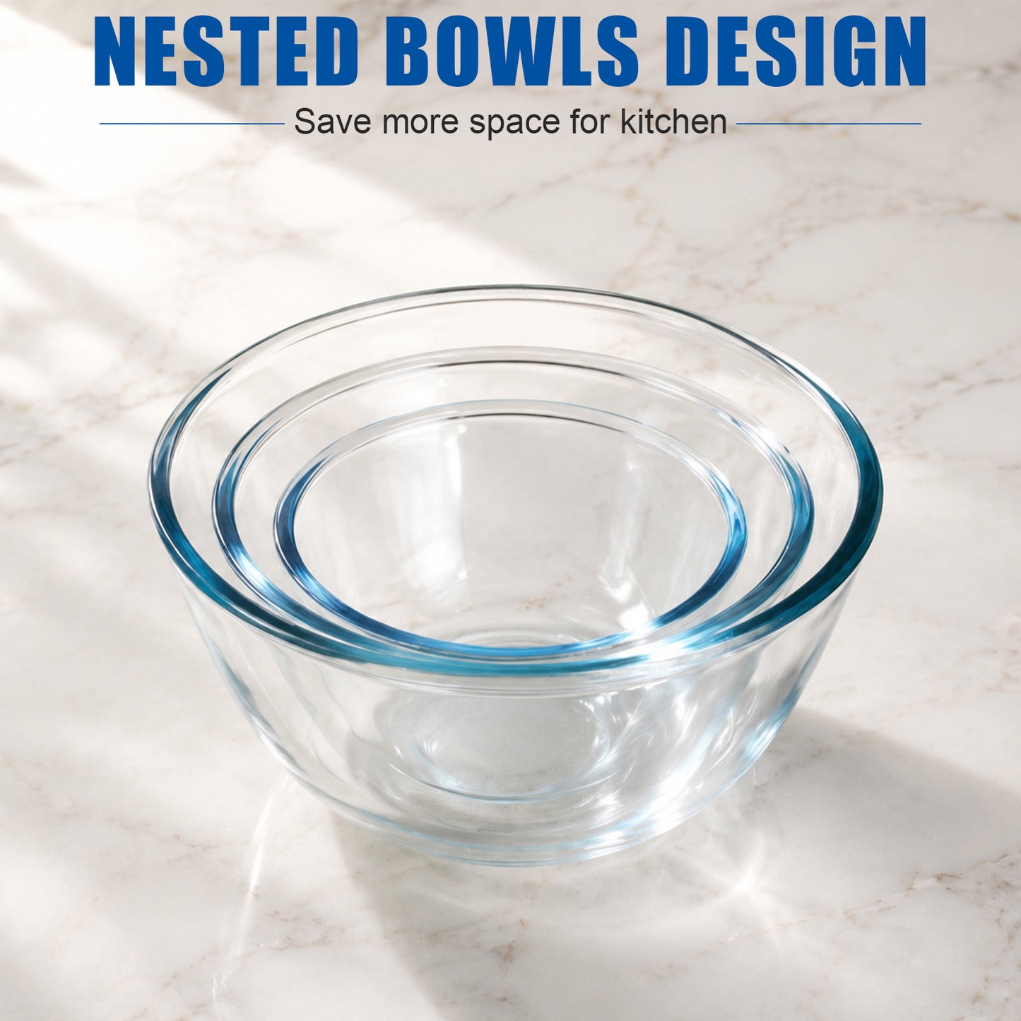 Vesteel 3Pcs Glass Mixing Bowls with Lids Set (0.8QT, 1.7QT, 2.9QT), Nesting Kitchen Salad Bowls with Airtight Vent Lid for Cooking Baking Prepping, Dishwasher, Microwave & Freezer Safe