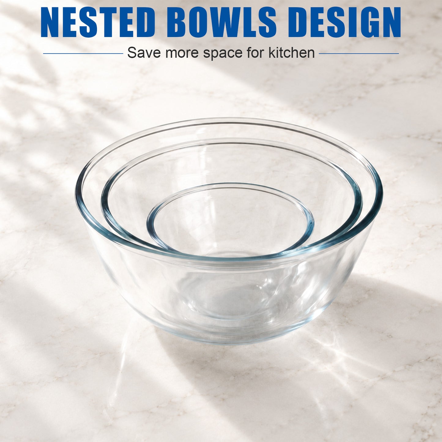 Vesteel 3Pcs Glass Mixing Bowls with Lids Set (0.8QT, 2.9QT, 4.8QT), Nesting Kitchen Salad Bowls with Airtight Vent Lid for Cooking Baking Prepping, Dishwasher, Microwave & Freezer Safe