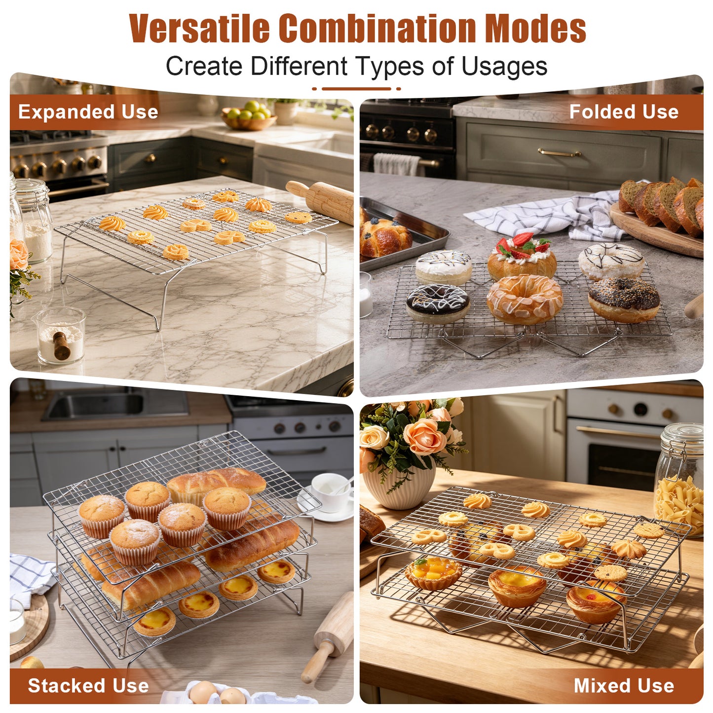 Vesteel 3-Tier Cooling Racks, Stainless Steel Stackable Grid Baking Racks, Collapsible Wire Racks for Cooking Grilling Roasting, Oven & Dishwasher Safe, 15’’ x 10’’